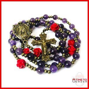 Amethyst Stone Rosary Bracelet Set with Immaculate Heart of Mary Centerpiece